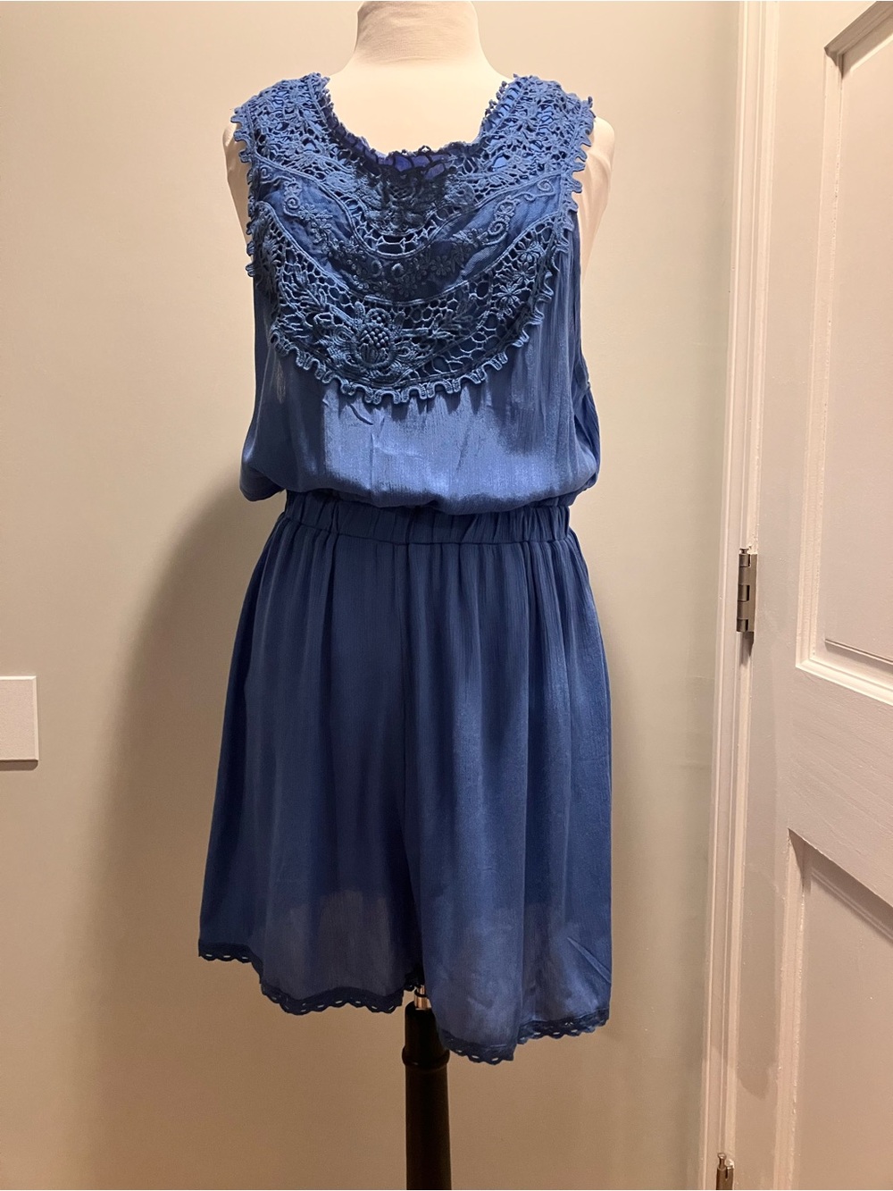 New York & Company Royal Blue Sleeveless Romper with Crochet Yoke